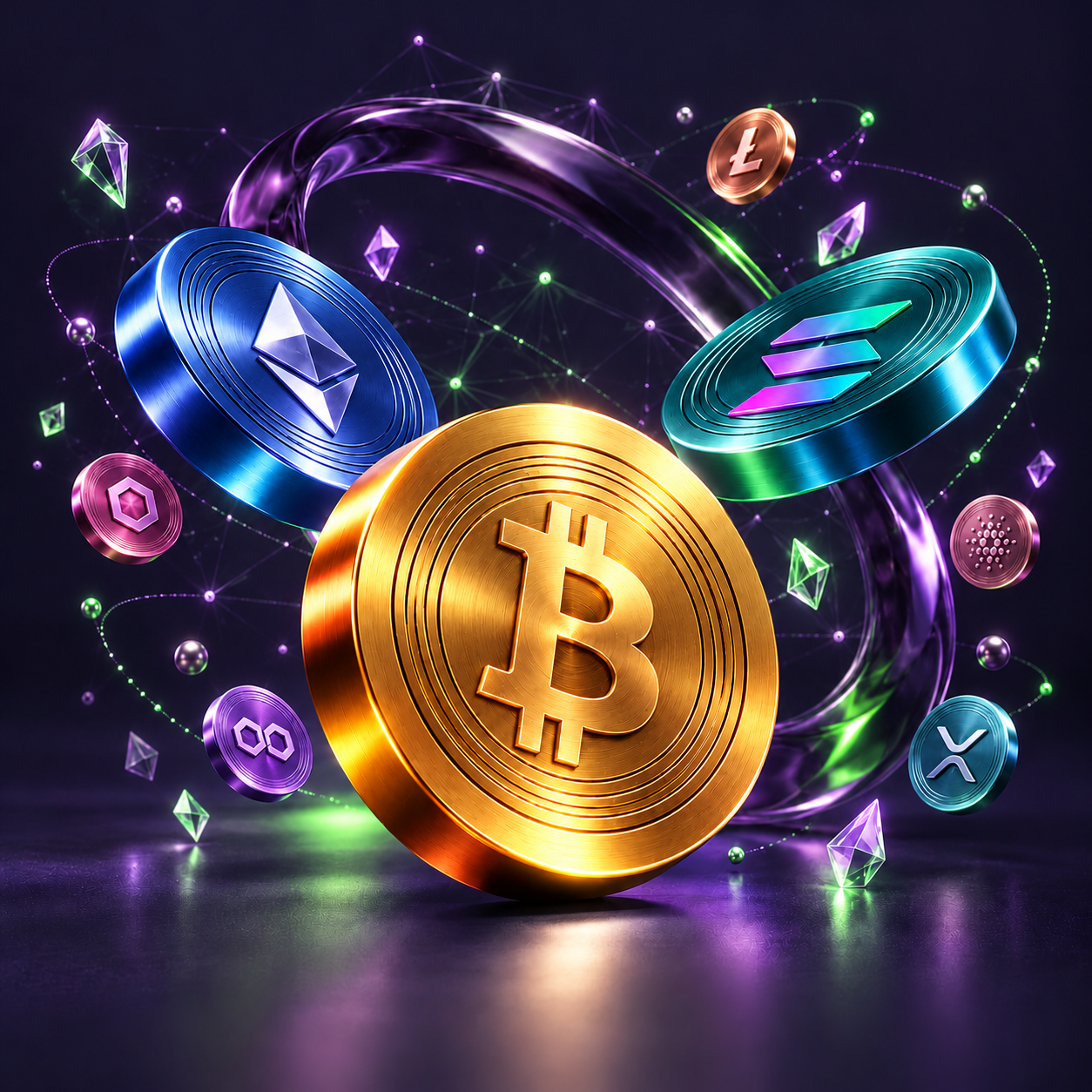 Colorful BTC, ETH and SOL coins with a violet ring